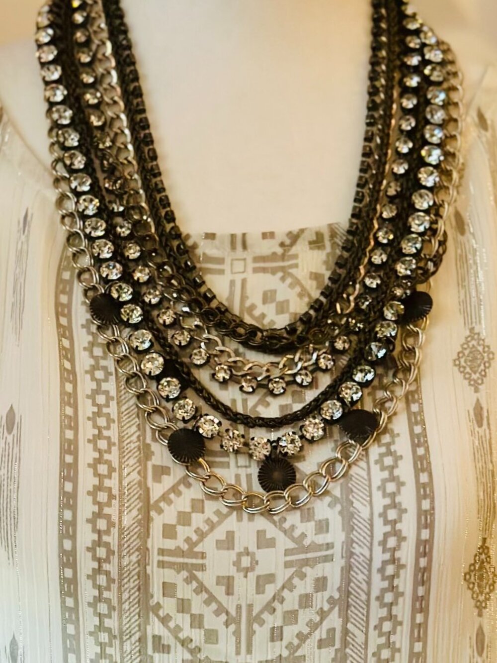 Chico's Layered Gunmetal Rhinestone Statement Necklace Multi-Strand Glam